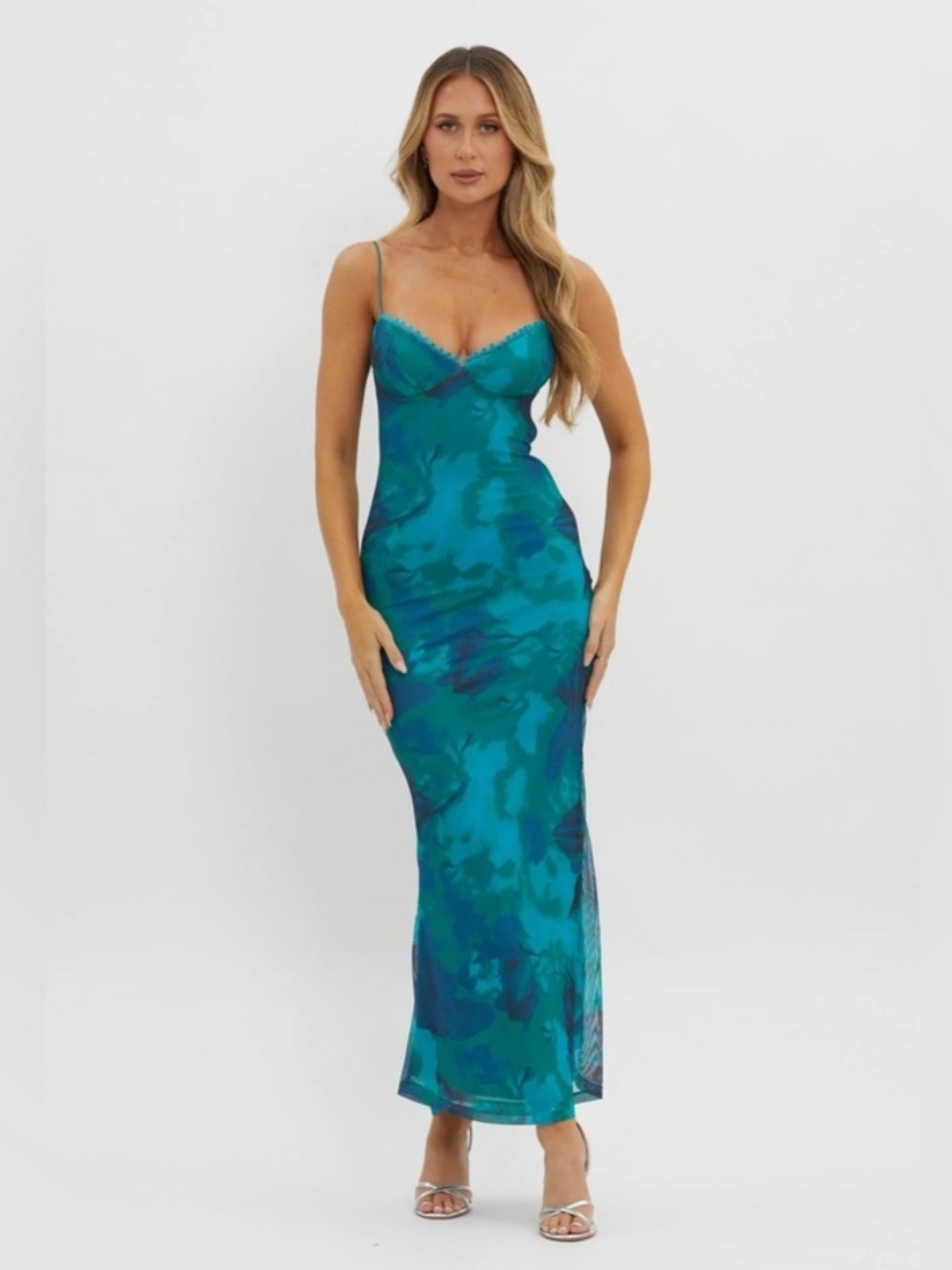 Selfie Leslie Teal & Navy Printed Slip Maxi Dress